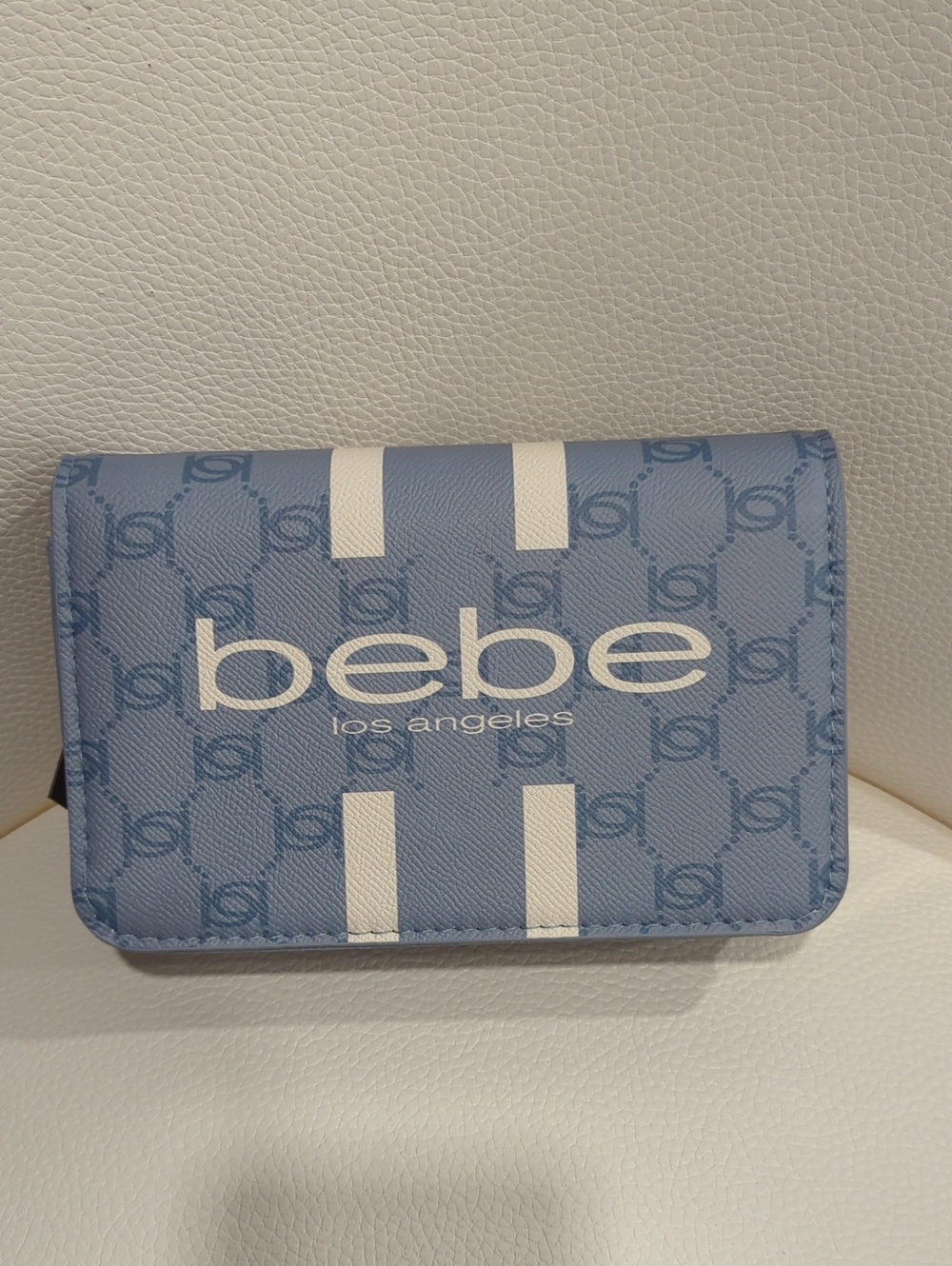 bebe Light Blue Logo Crossbody with White Stripes